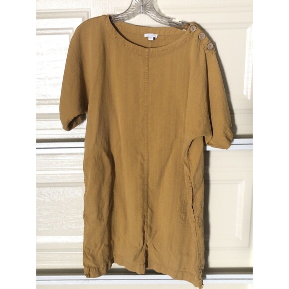 Pure Jill Tencel Lyocell Shift Dress Mustard Yellow Button Shoulder Women’s Smal - Picture 2 of 9